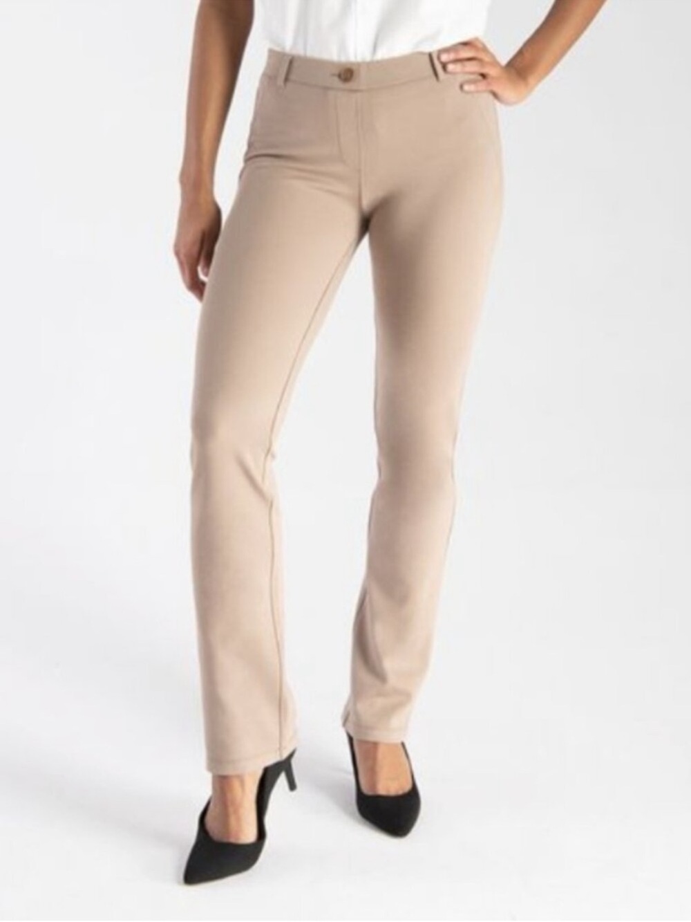 NWT Betabrand Straight Leg Dress Pants Yoga Pants Tan Khaki Twill sz S *LONG*